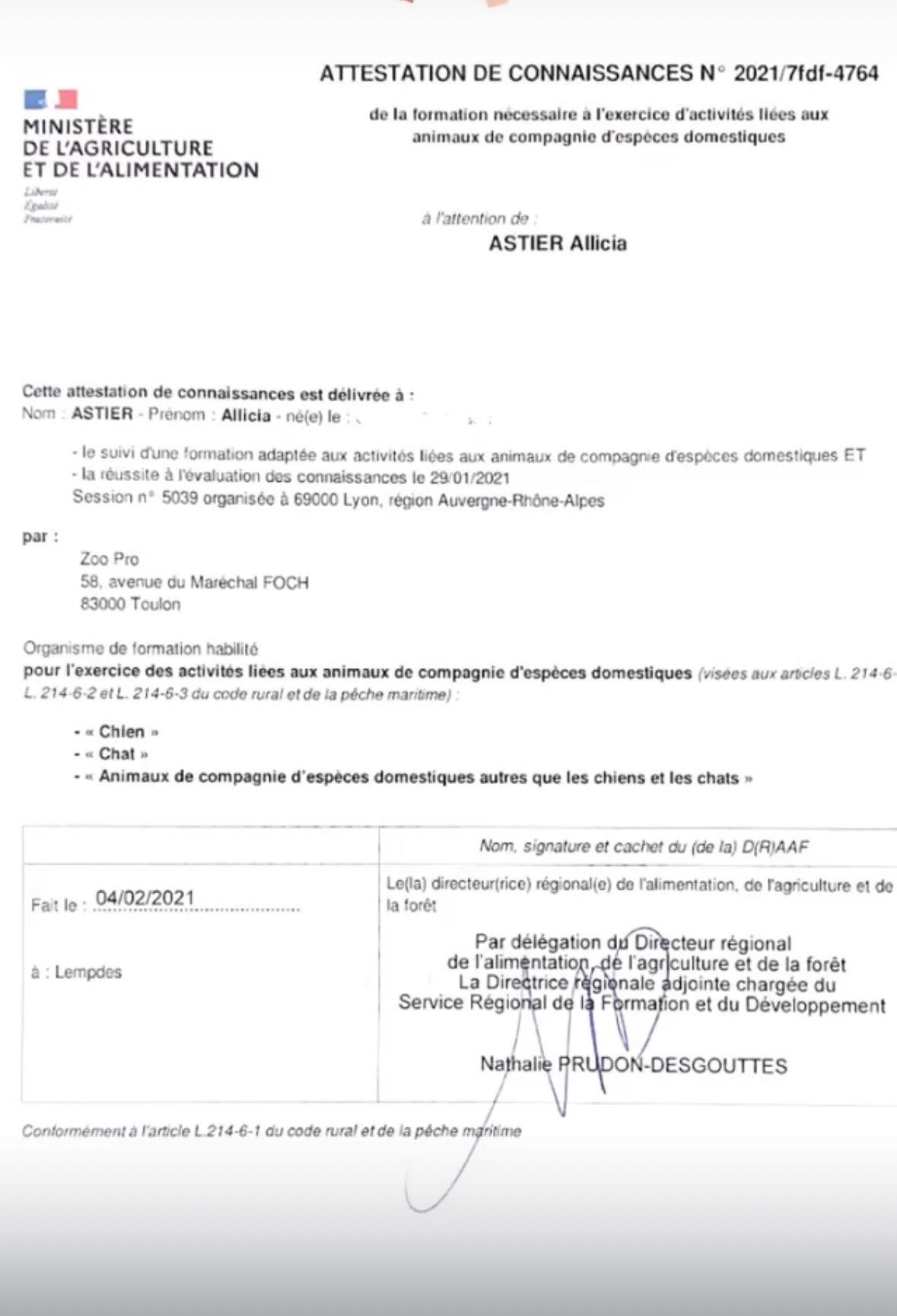 Certificat ACACED d'Allicia Astier — validé en 2021